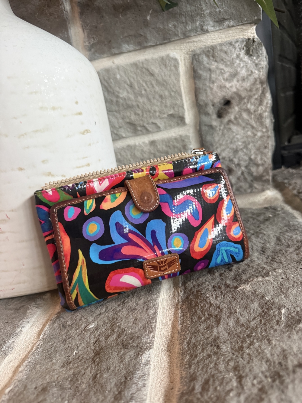 Consuela Colorful Floral Patent Wallet with Brown Trim